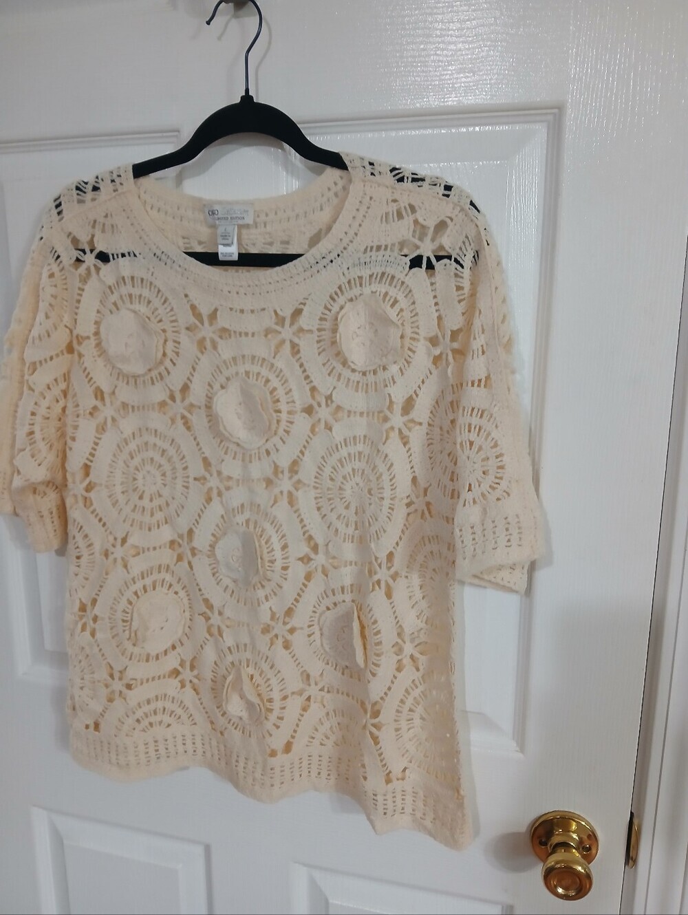 Women’s Cream Crochet 3/4 Sleeve Top Boho Fairy Coquette Cottage Shabbychic